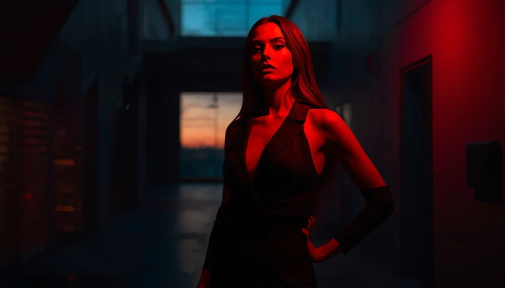 Ilustración fotográfica abstracta de una mujer elegante reflexionando en un entorno de luces y sombras
