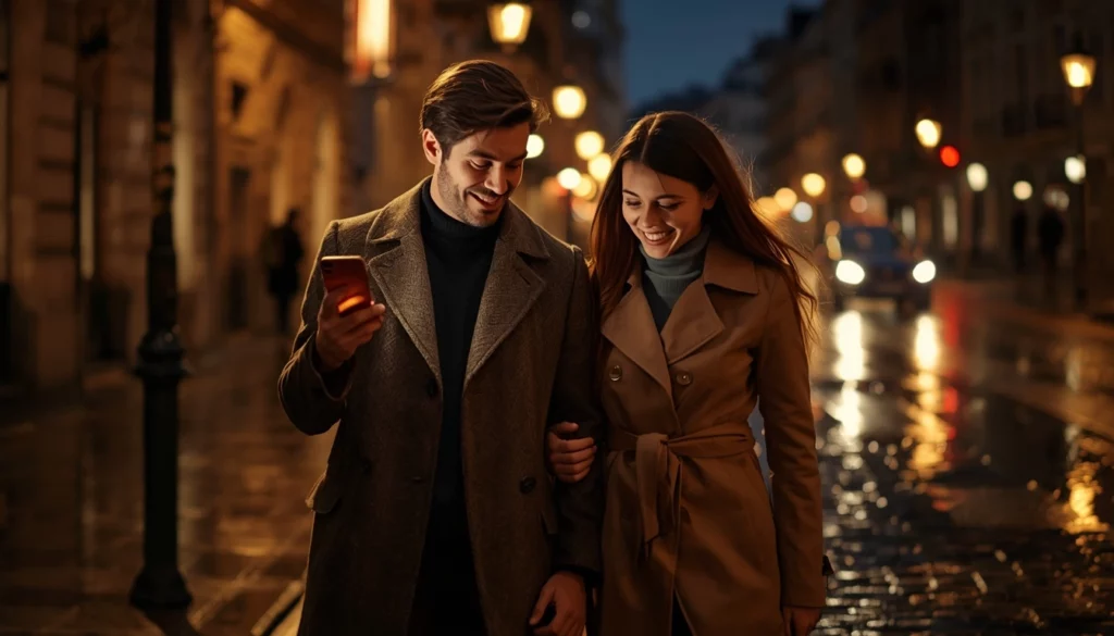 pareja moderna riendo complice por la calle de noche mientras mira el movil