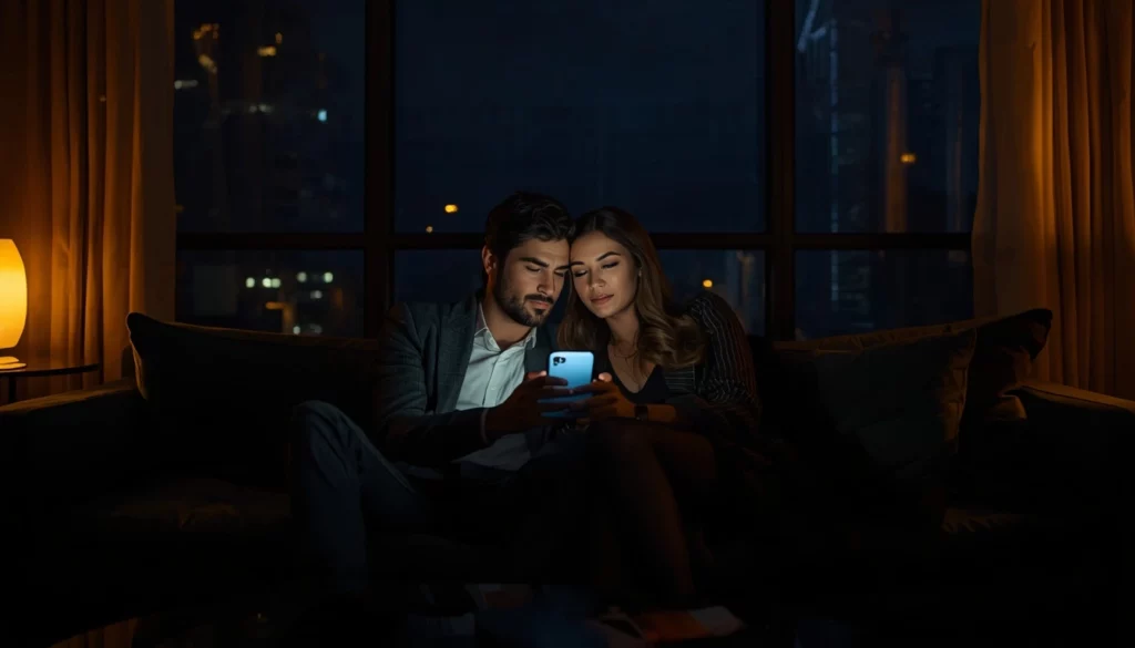Silueta de una pareja en un ambiente cinematográfico analizando contenidos digitales en un entorno elegante