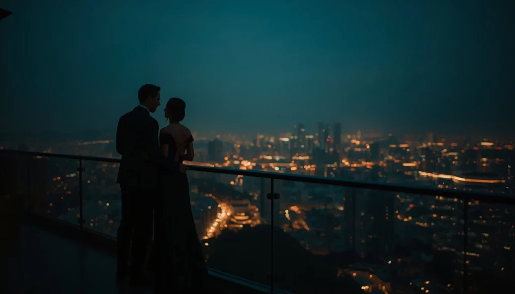 Siluetas elegantes de una pareja mirando hacia un horizonte iluminado en un entorno moderno y sofisticado