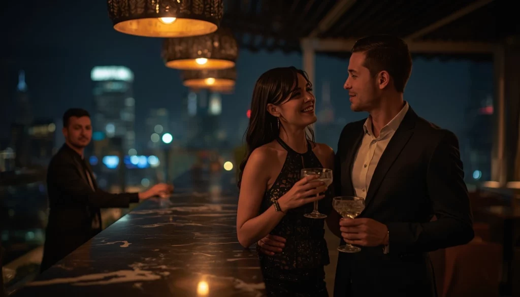 pareja elegante en rooftop bar compartiendo complicidad nocturna
