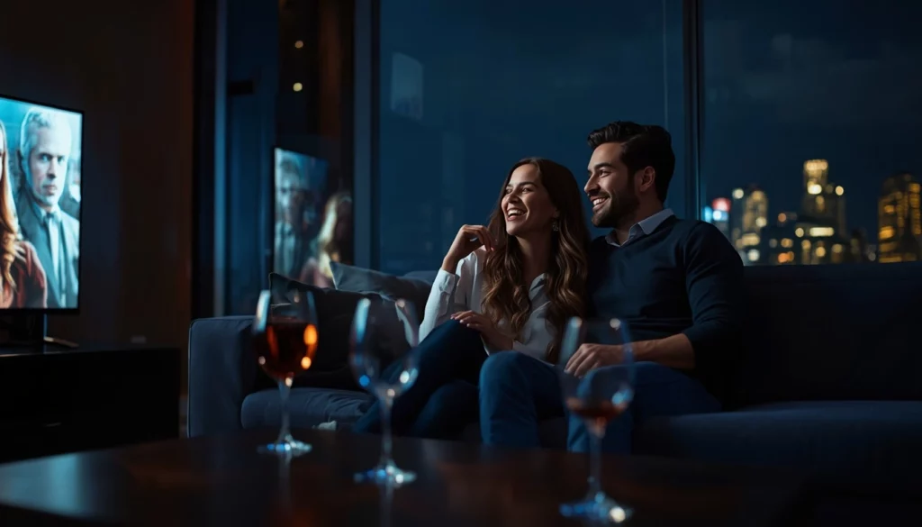 pareja complice viendo series y contenido audiovisual en salon moderno