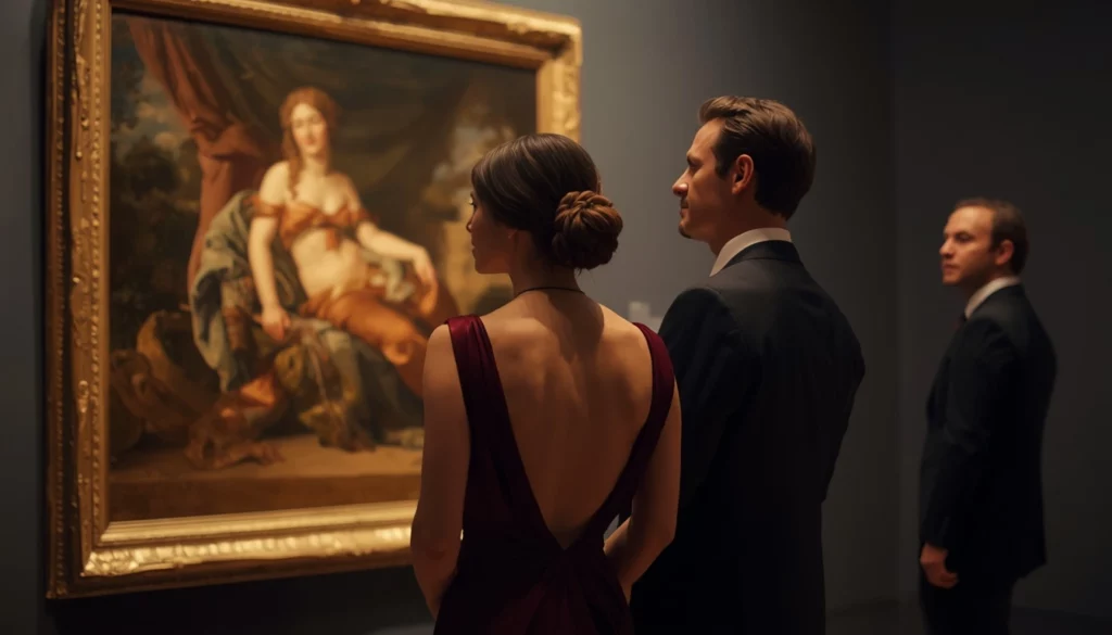 pareja contemplando arte en galeria nocturna y compartiendo complicidad visual