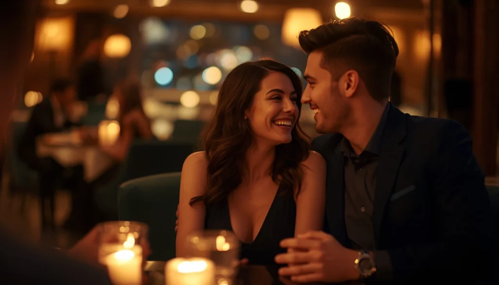 pareja elegante disfrutando de complicidad y miradas ajenas en ambiente nocturno
